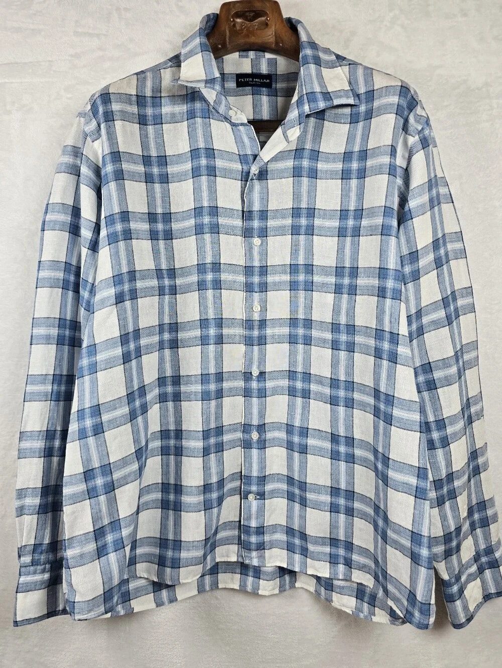 Peter Millar 100% Linen Blue Plaid Button Down Shirt Long Sleeve Sz. XL - Picture 2 of 15